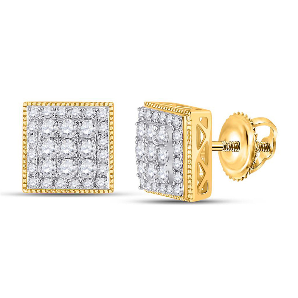 14kt Yellow Gold Mens Round Diamond Square Earrings 1 Cttw