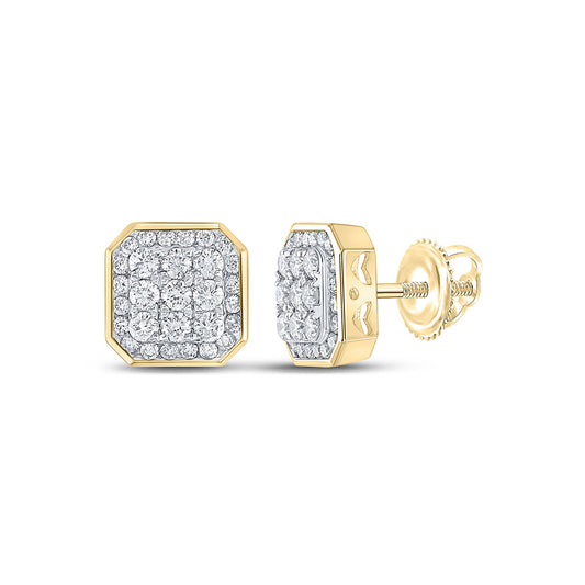 14kt Yellow Gold Mens Round Diamond Square Earrings 1 Cttw