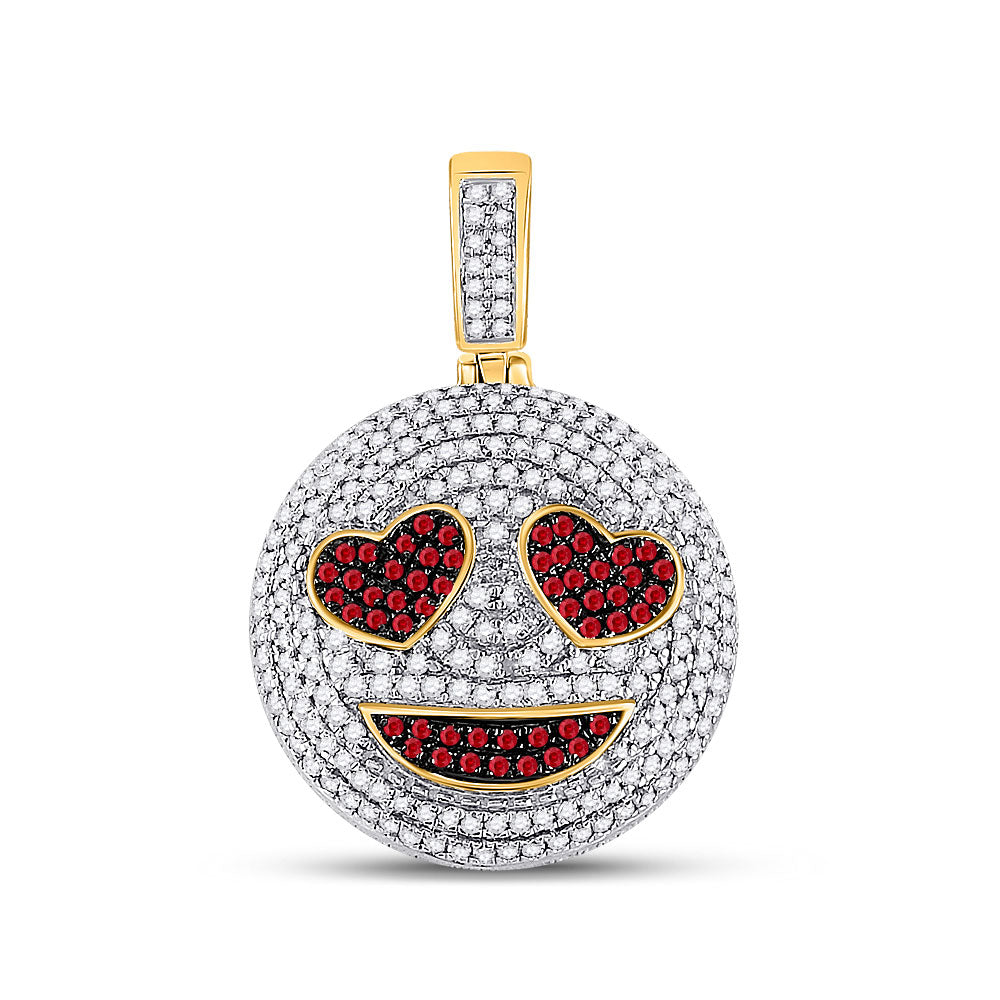 10kt Yellow Gold Mens Round Ruby Emoji Smiley Heart Charm Pendant 1-1/3 Cttw