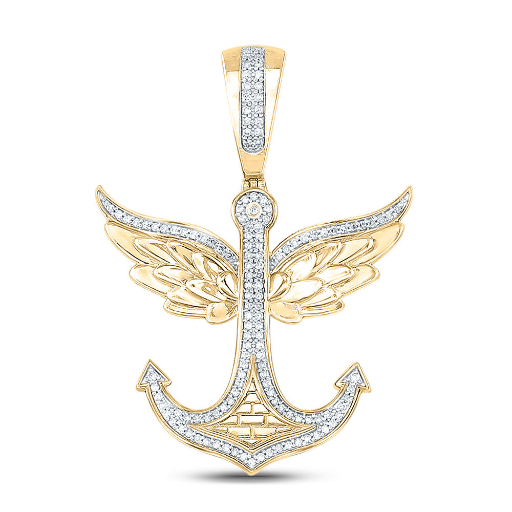 10kt Yellow Gold Mens Round Diamond Anchor Wings Charm Pendant 1/3 Cttw