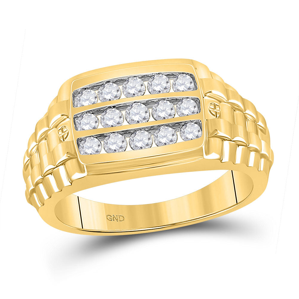 10kt Yellow Gold Mens Round Diamond Ribbed Band Ring 3/4 Cttw