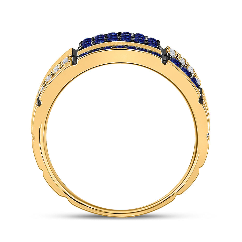 14kt Yellow Gold Mens Round Blue Sapphire Checkered Band Ring 5/8 Cttw