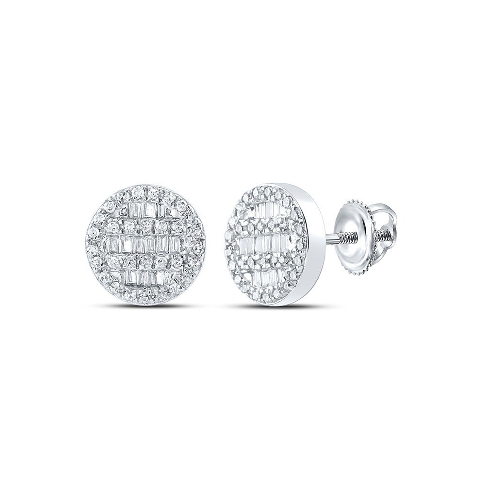 10kt White Gold Mens Baguette Diamond Circle Cluster Earrings 1/3 Cttw