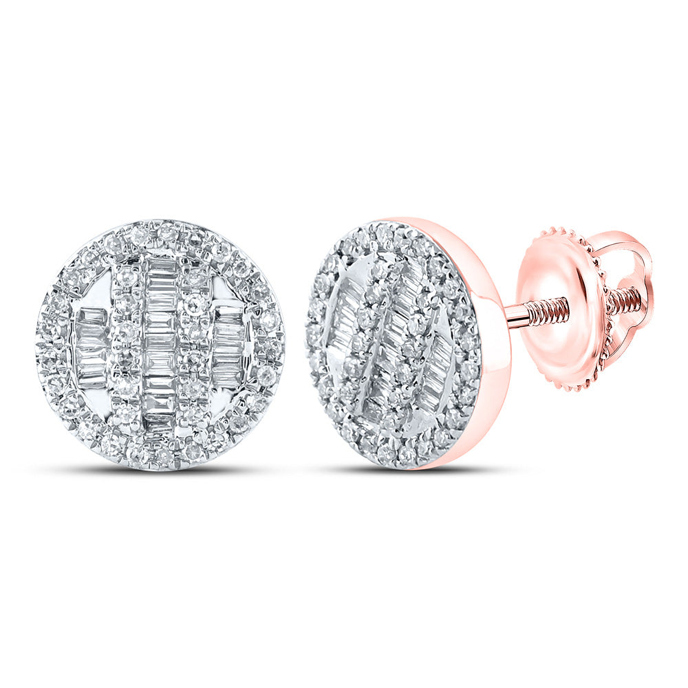 10kt Rose Gold Mens Baguette Diamond Circle Cluster Earrings 1/3 Cttw