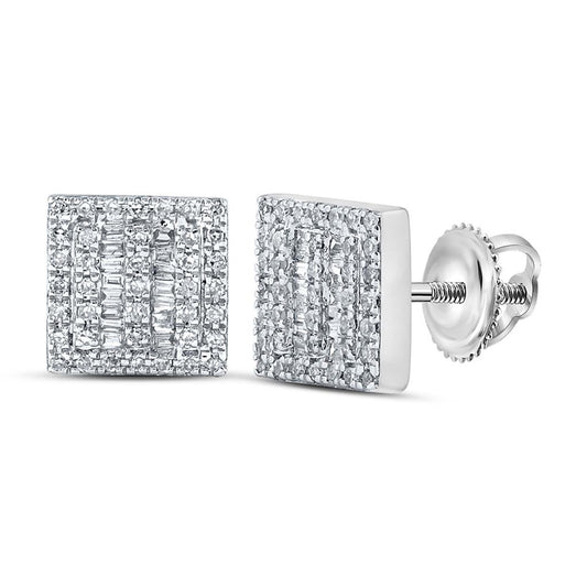 10kt White Gold Mens Baguette Diamond Square Earrings 1/3 Cttw