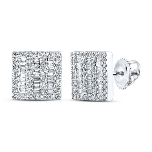 10kt White Gold Mens Baguette Diamond Square Earrings 1/2 Cttw