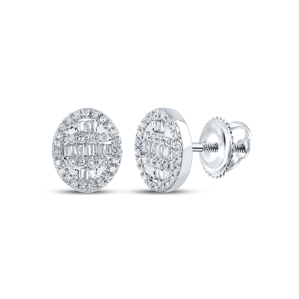 10kt White Gold Mens Baguette Diamond Oval Cluster Earrings 1/3 Cttw