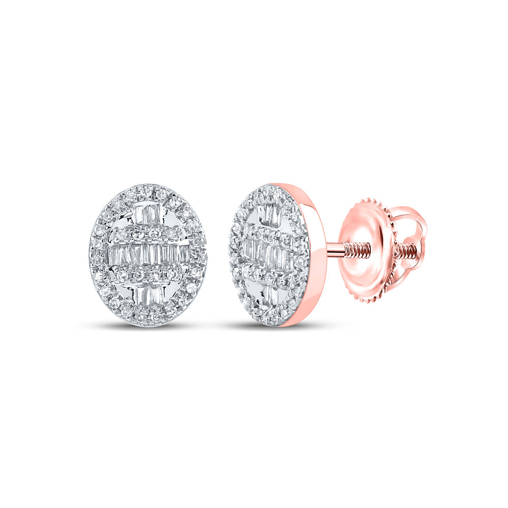 10kt Rose Gold Mens Baguette Diamond Oval Cluster Earrings 1/3 Cttw