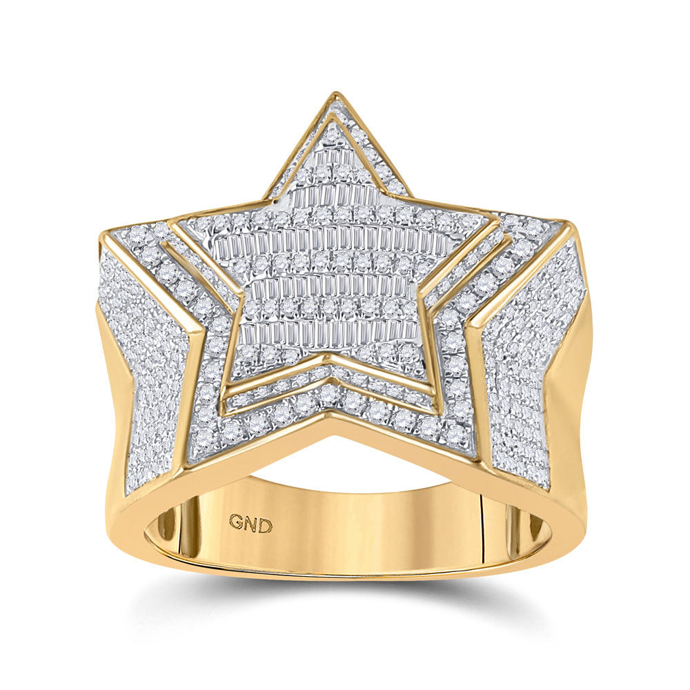 10kt Yellow Gold Mens Baguette Diamond Statement Star Ring 1-1/4 Cttw