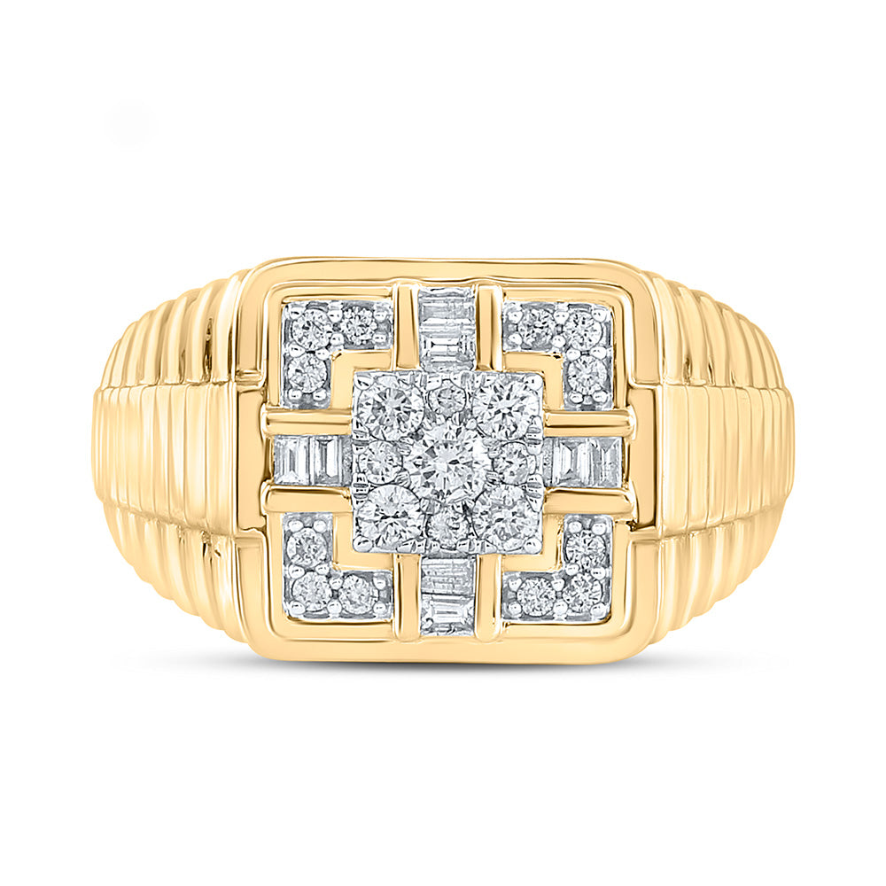 10kt Yellow Gold Mens Round Diamond Ribbed Square Ring 1/2 Cttw