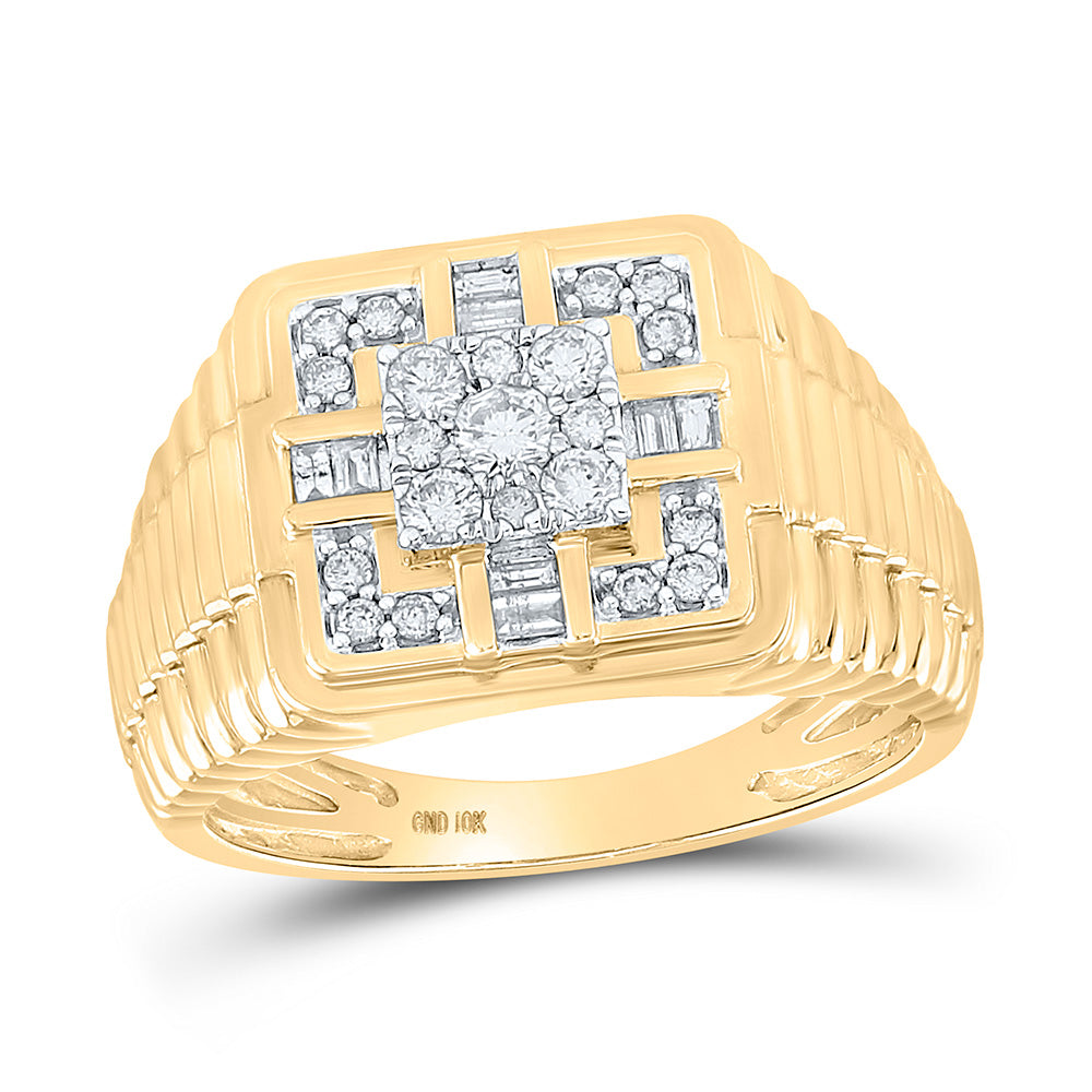 10kt Yellow Gold Mens Round Diamond Ribbed Square Ring 1/2 Cttw