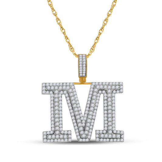 10kt Yellow Gold Mens Round Diamond M Initial Letter Charm Pendant 3-1/5 Cttw