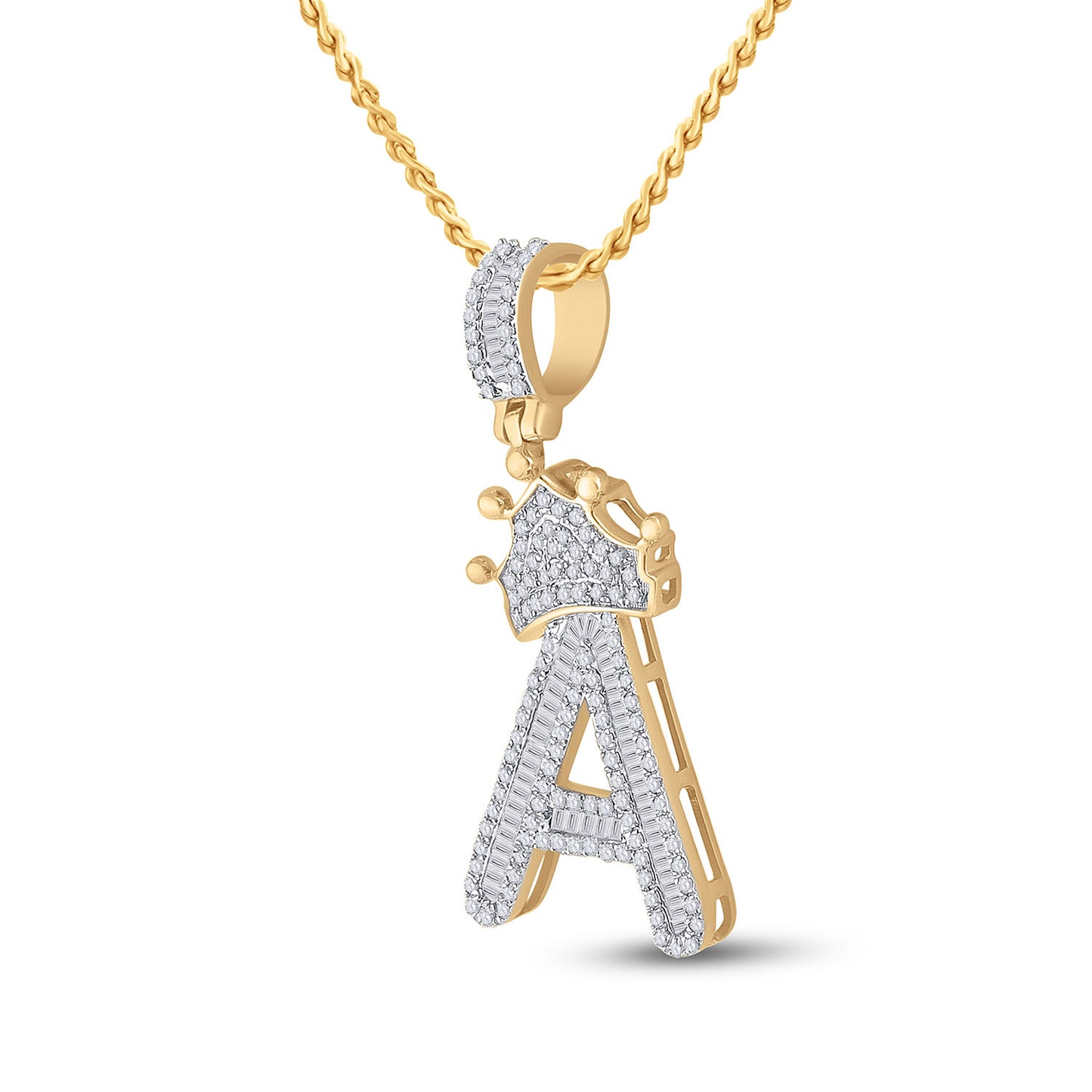 10kt Yellow Gold Mens Baguette Diamond Crown A Letter Charm Pendant 7/8 Cttw