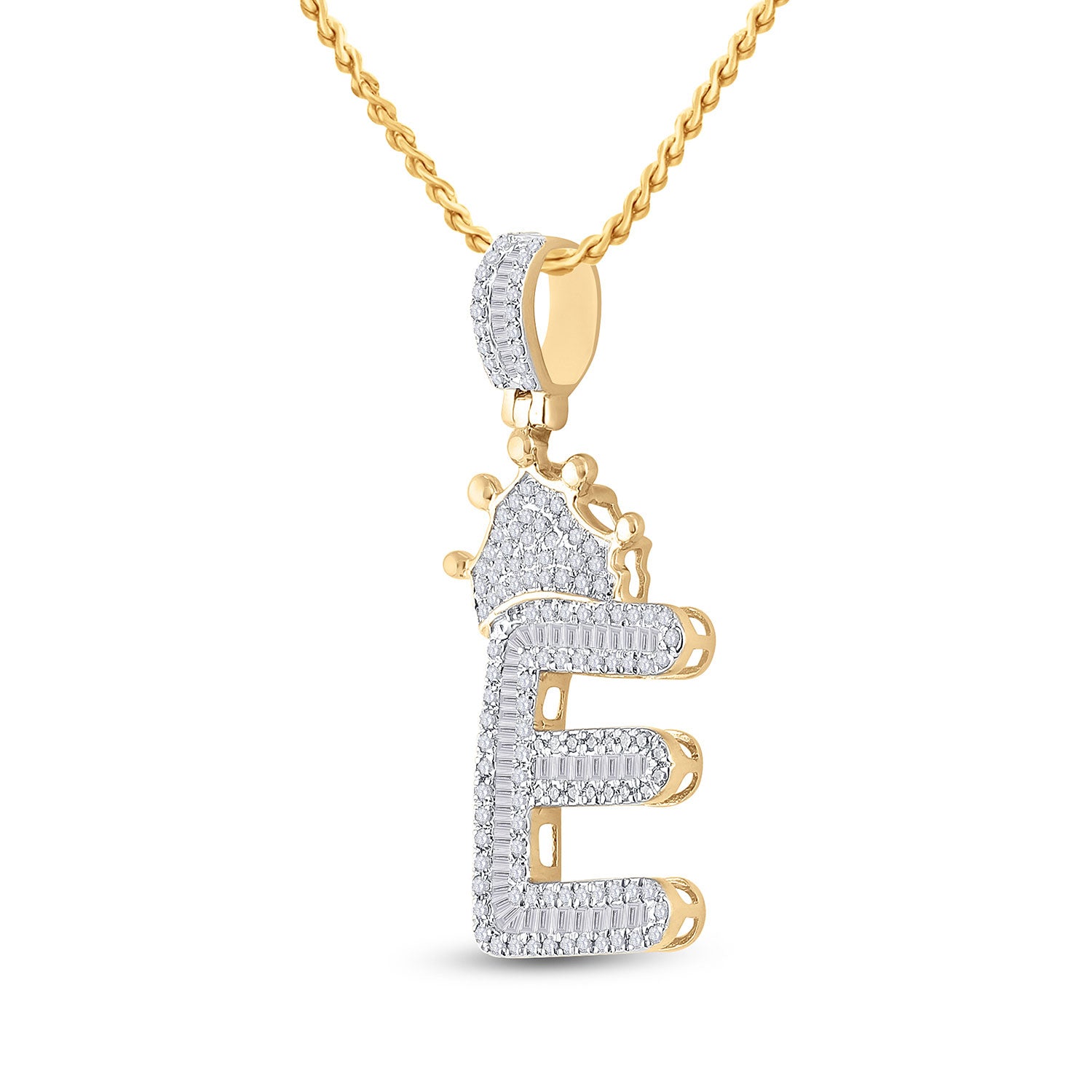 10kt Yellow Gold Mens Baguette Diamond Crown E Letter Charm Pendant 3/4 Cttw