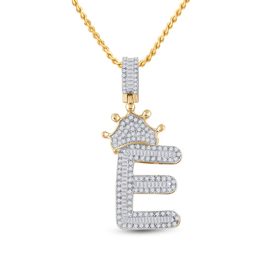 10kt Yellow Gold Mens Baguette Diamond Crown E Letter Charm Pendant 3/4 Cttw