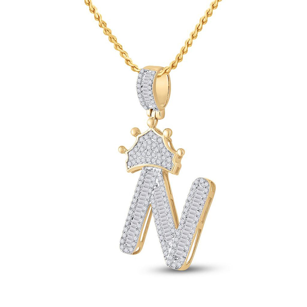 10kt Yellow Gold Mens Baguette Diamond Crown N Letter Charm Pendant 3/4 Cttw