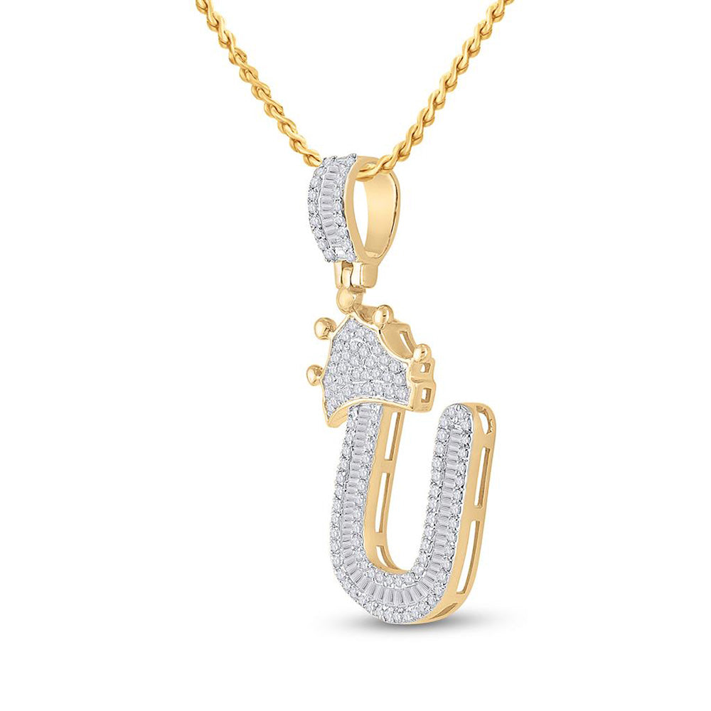 10kt Yellow Gold Mens Baguette Diamond Crown U Letter Charm Pendant 5/8 Cttw