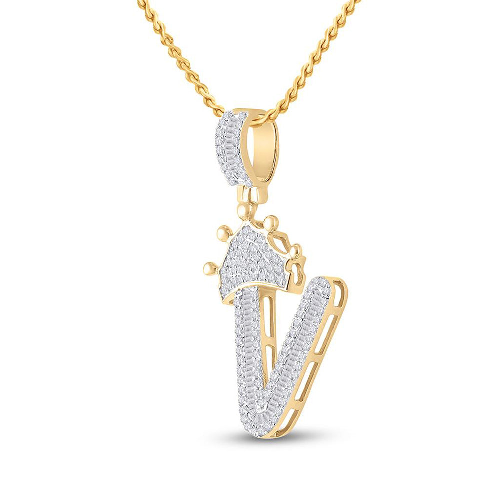 10kt Yellow Gold Mens Baguette Diamond Crown V Letter Charm Pendant 5/8 Cttw