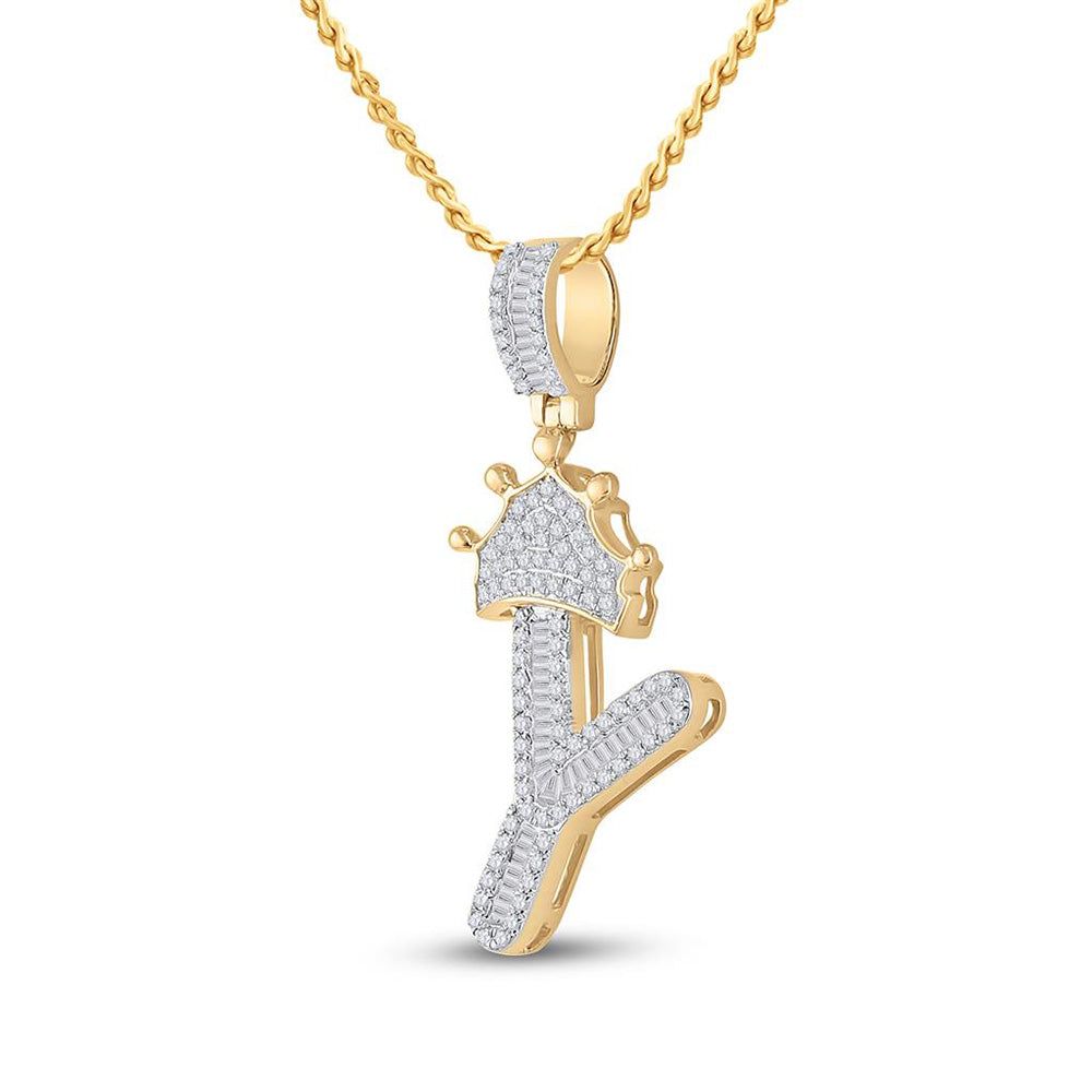 10kt Yellow Gold Mens Baguette Diamond Crown Y Letter Charm Pendant 1/2 Cttw