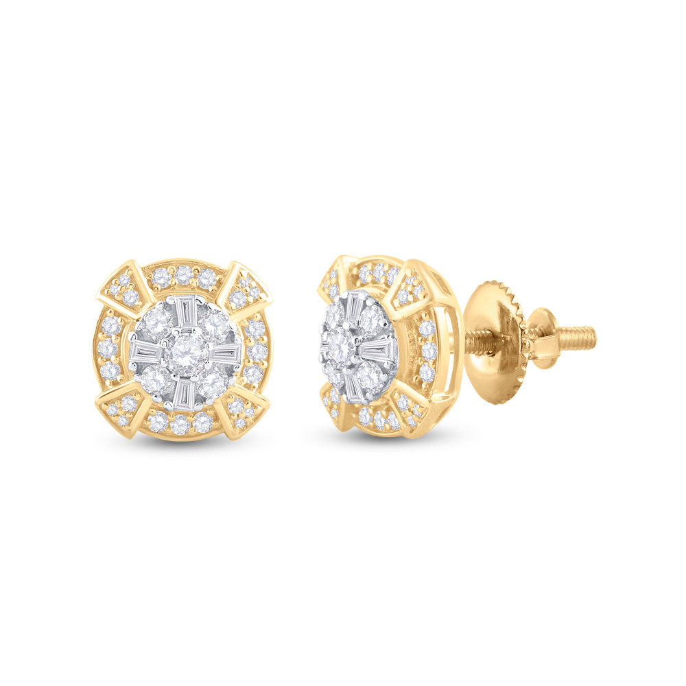 14kt Yellow Gold Mens Baguette Diamond Circle Cluster Earrings 3/4 Cttw