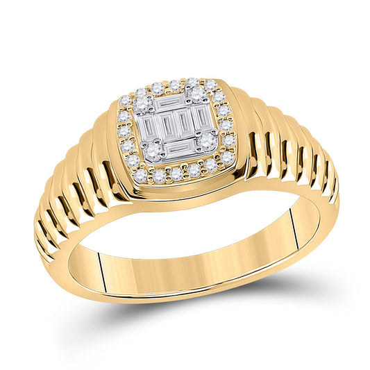 14kt Yellow Gold Mens Baguette Round Diamond Square Ring 1/3 Cttw