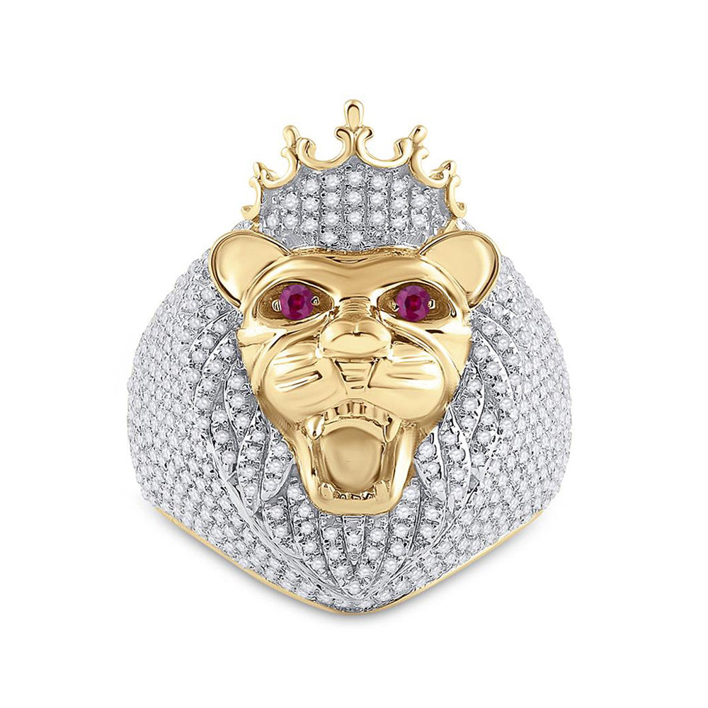 14kt Yellow Gold Mens Round Ruby Diamond Lion Face Animal Ring 1-3/4 Cttw