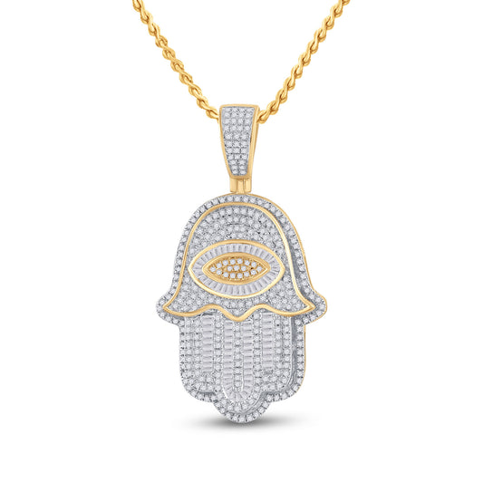 14kt Yellow Gold Mens Baguette Diamond Eye Fatima Hamsa Charm Pendant 1-1/2 Cttw