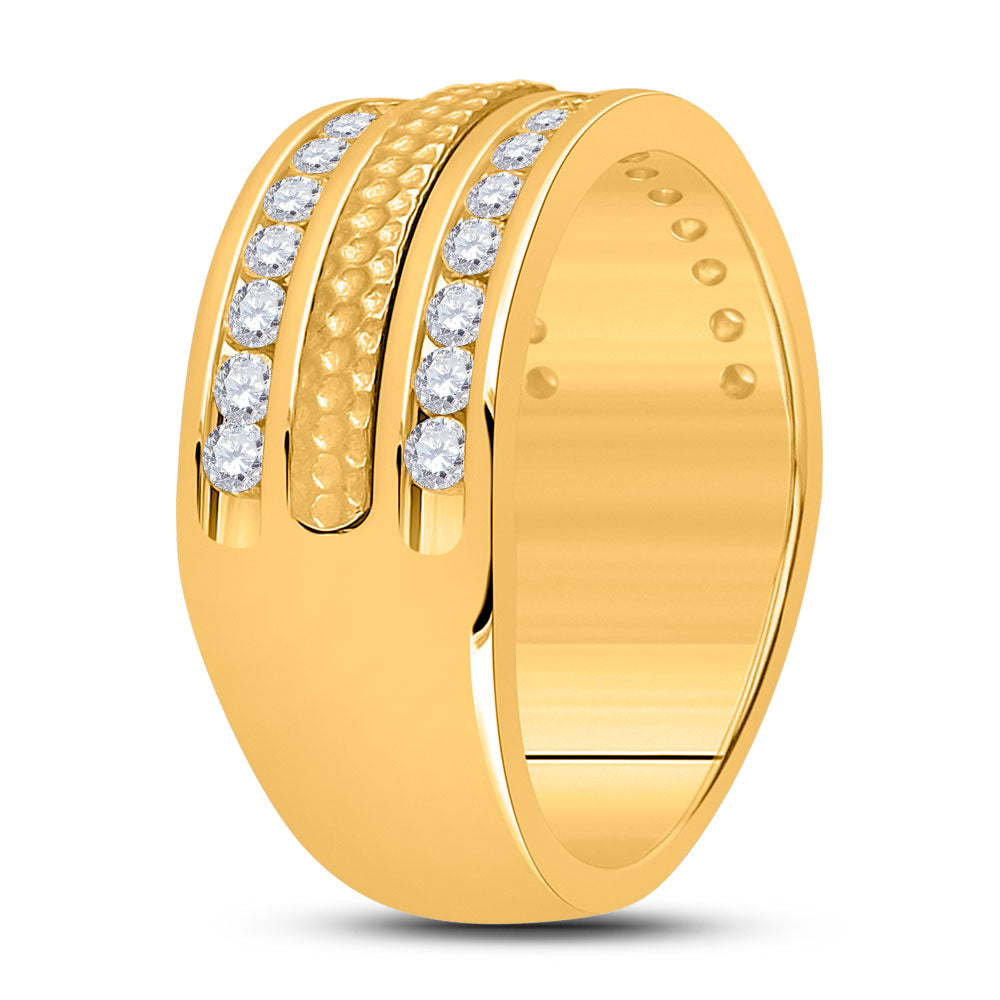 14kt Yellow Gold Mens Round Diamond Wedding Hammered Band Ring 1 Cttw