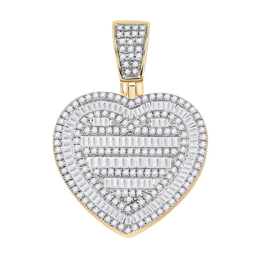 10kt Yellow Gold Mens Baguette Diamond Heart Charm Pendant 1-1/3 Cttw
