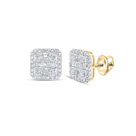 10kt Yellow Gold Mens Baguette Diamond Square Earrings 3/4 Cttw