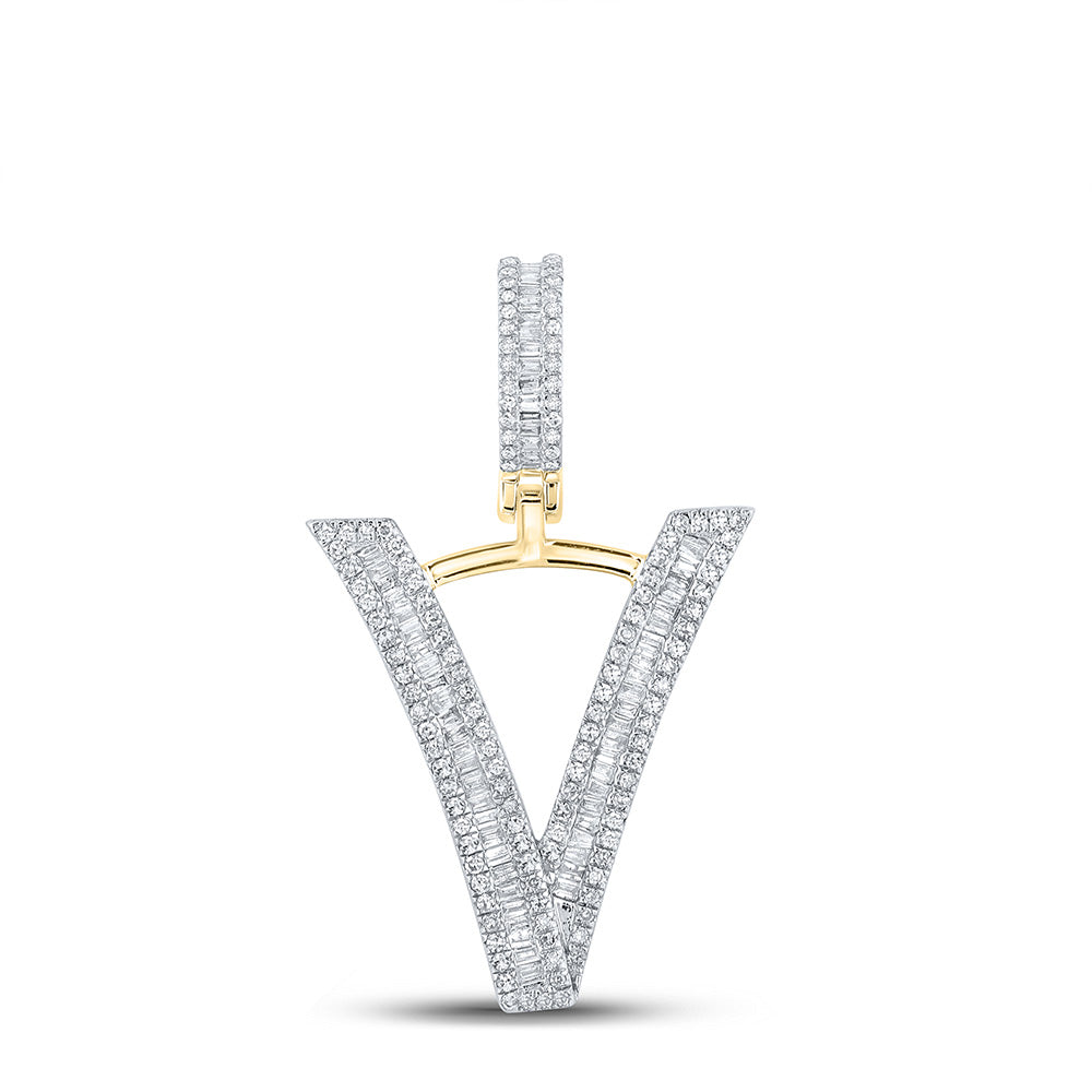 10kt Yellow Gold Mens Baguette Diamond Initial V Letter Charm Pendant 3/4 Cttw