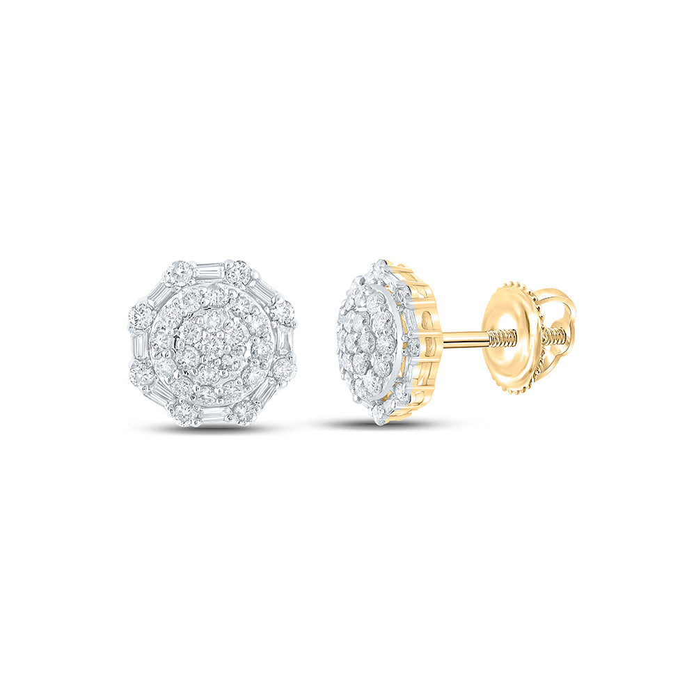 10kt Yellow Gold Mens Baguette Diamond Octagon Cluster Earrings 5/8 Cttw