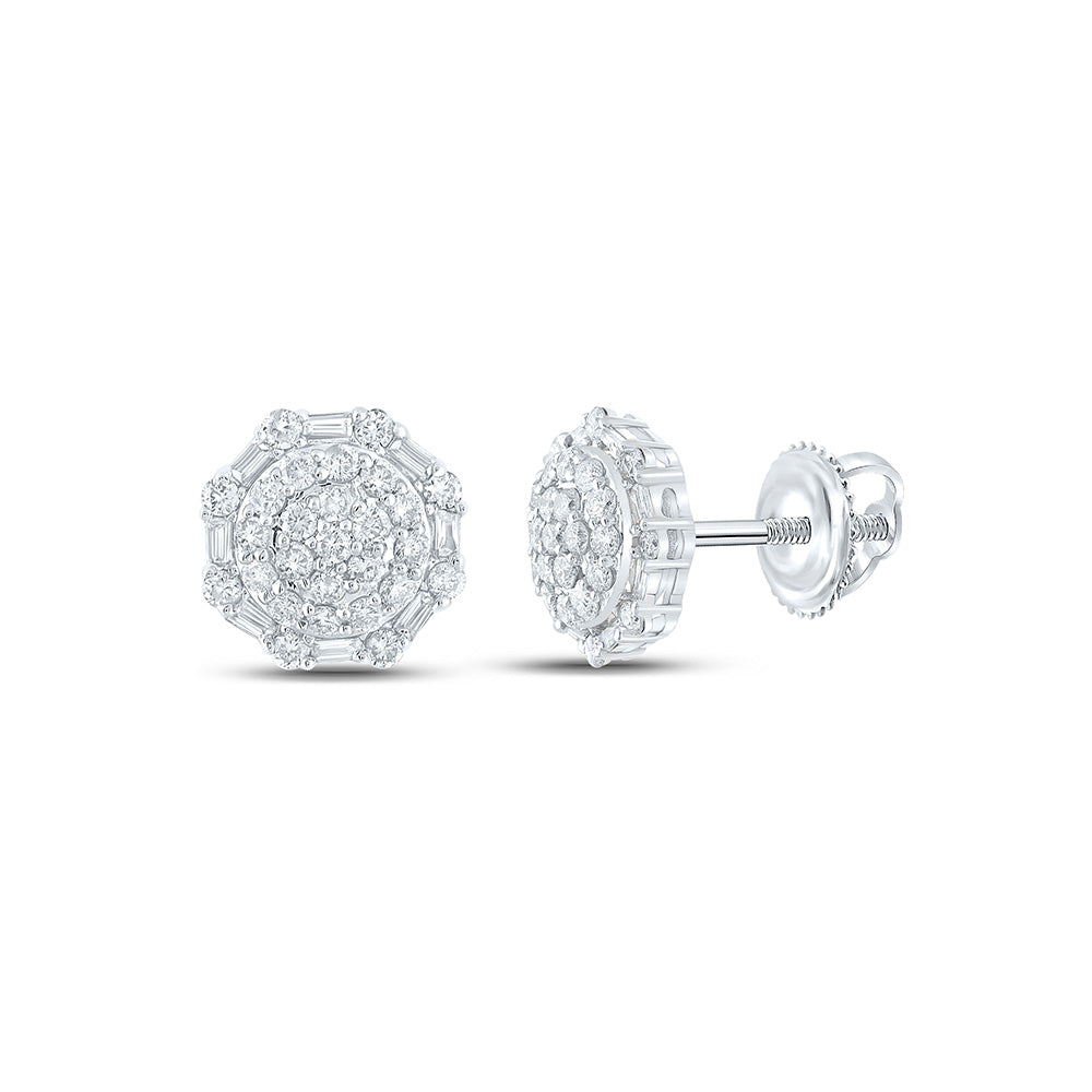 10kt White Gold Mens Baguette Diamond Octagon Cluster Earrings 5/8 Cttw