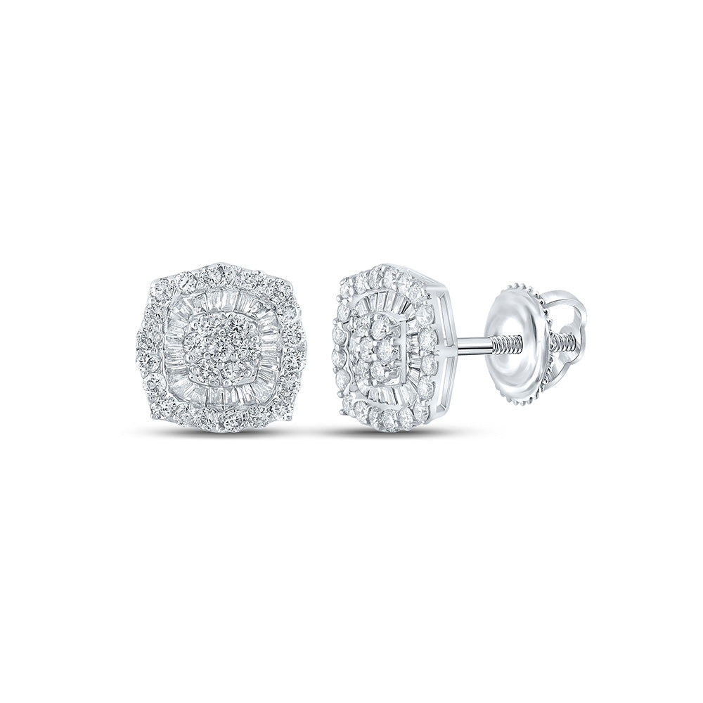 10kt White Gold Mens Baguette Diamond Square Earrings 3/4 Cttw