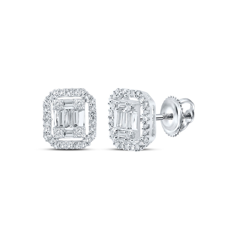 10kt White Gold Mens Baguette Diamond Cluster Earrings 3/8 Cttw