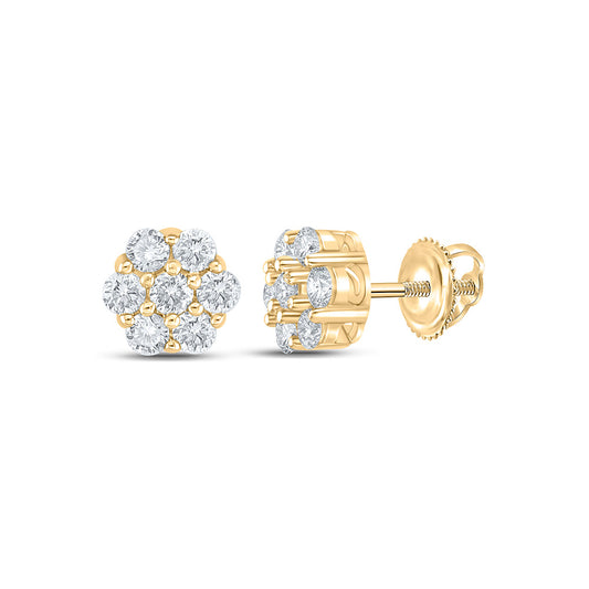 10kt Yellow Gold Mens Round Diamond Flower Cluster Earrings 1/3 Cttw