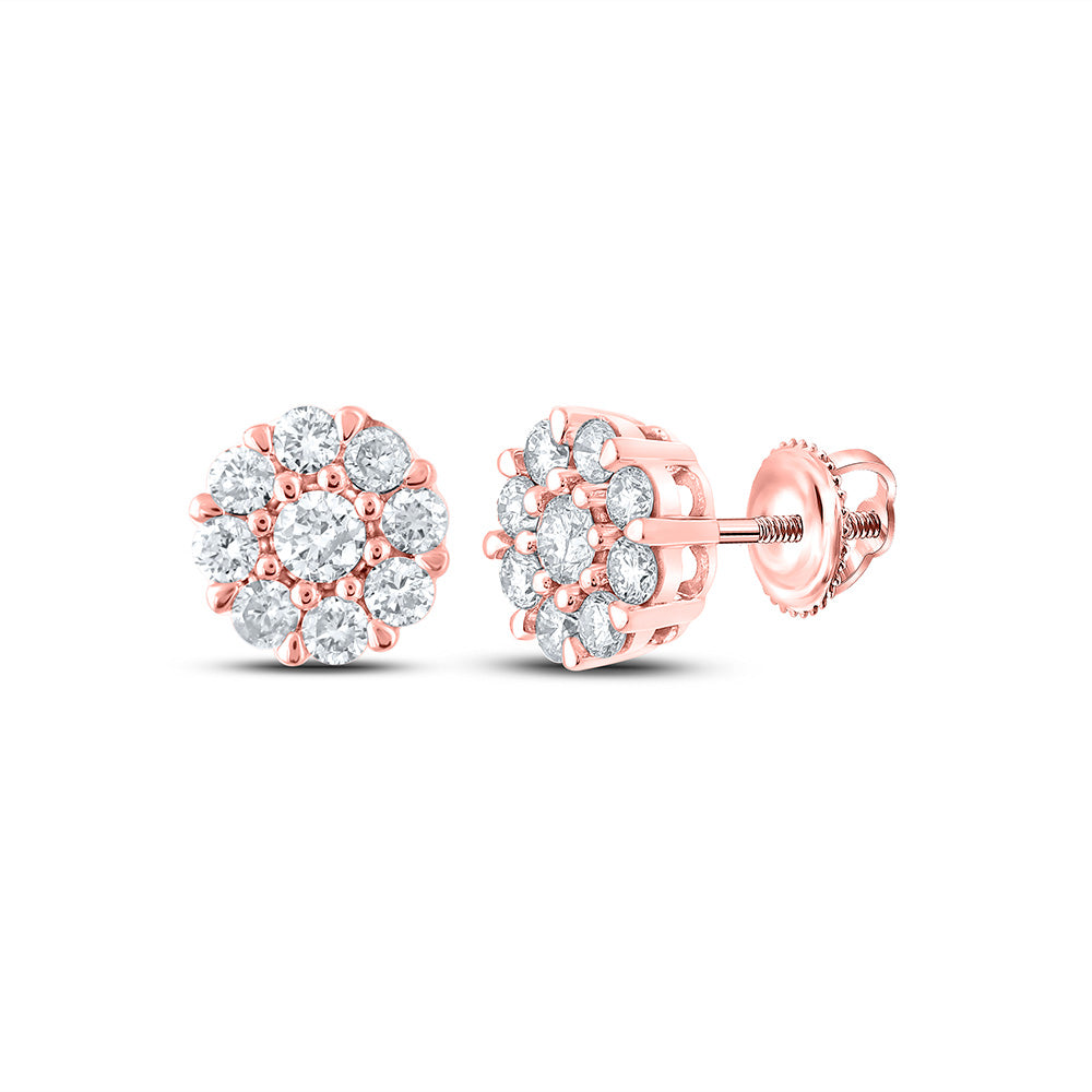 10kt Rose Gold Mens Round Diamond Cluster Earrings 5/8 Cttw