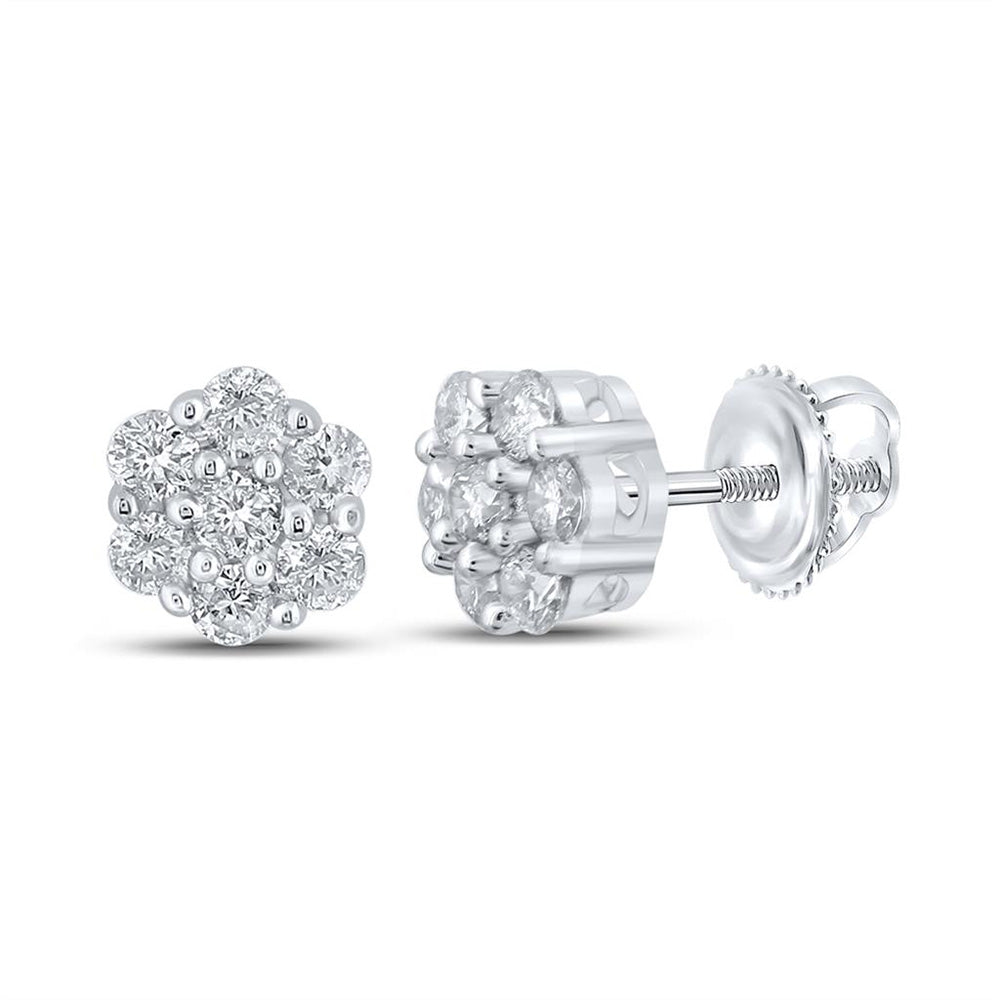 10kt White Gold Mens Round Diamond Flower Cluster Earrings 1/4 Cttw