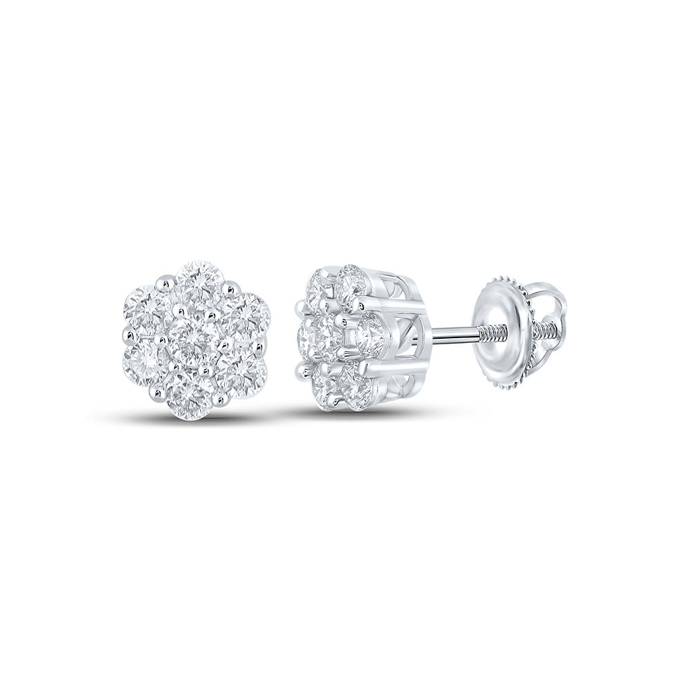 10kt White Gold Mens Round Diamond Flower Cluster Earrings 1/2 Cttw