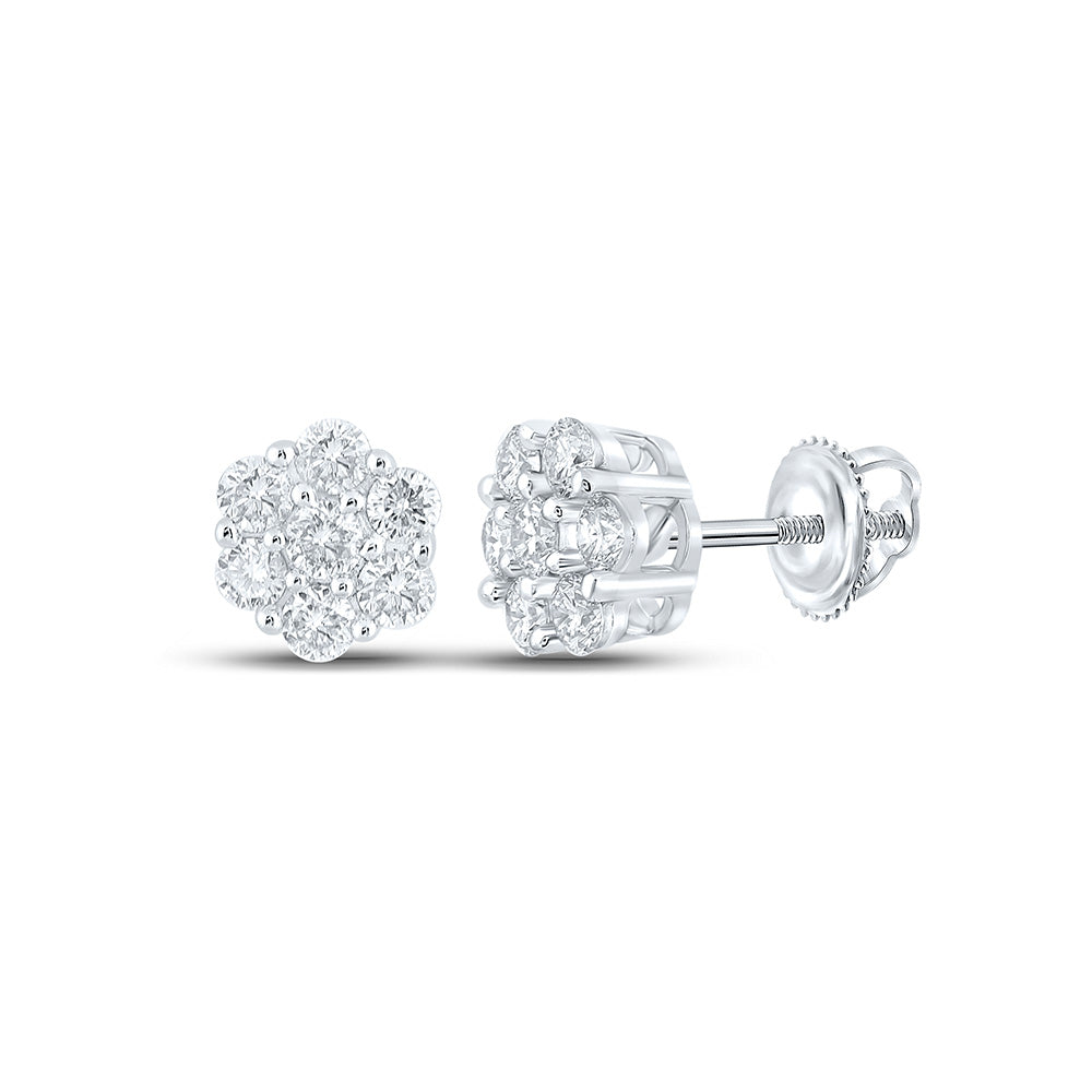 10kt White Gold Mens Round Diamond Flower Cluster Earrings 3/4 Cttw
