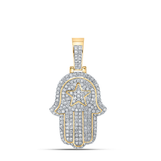 10kt Yellow Gold Mens Round Diamond Hamsa Charm Pendant 2-5/8 Cttw