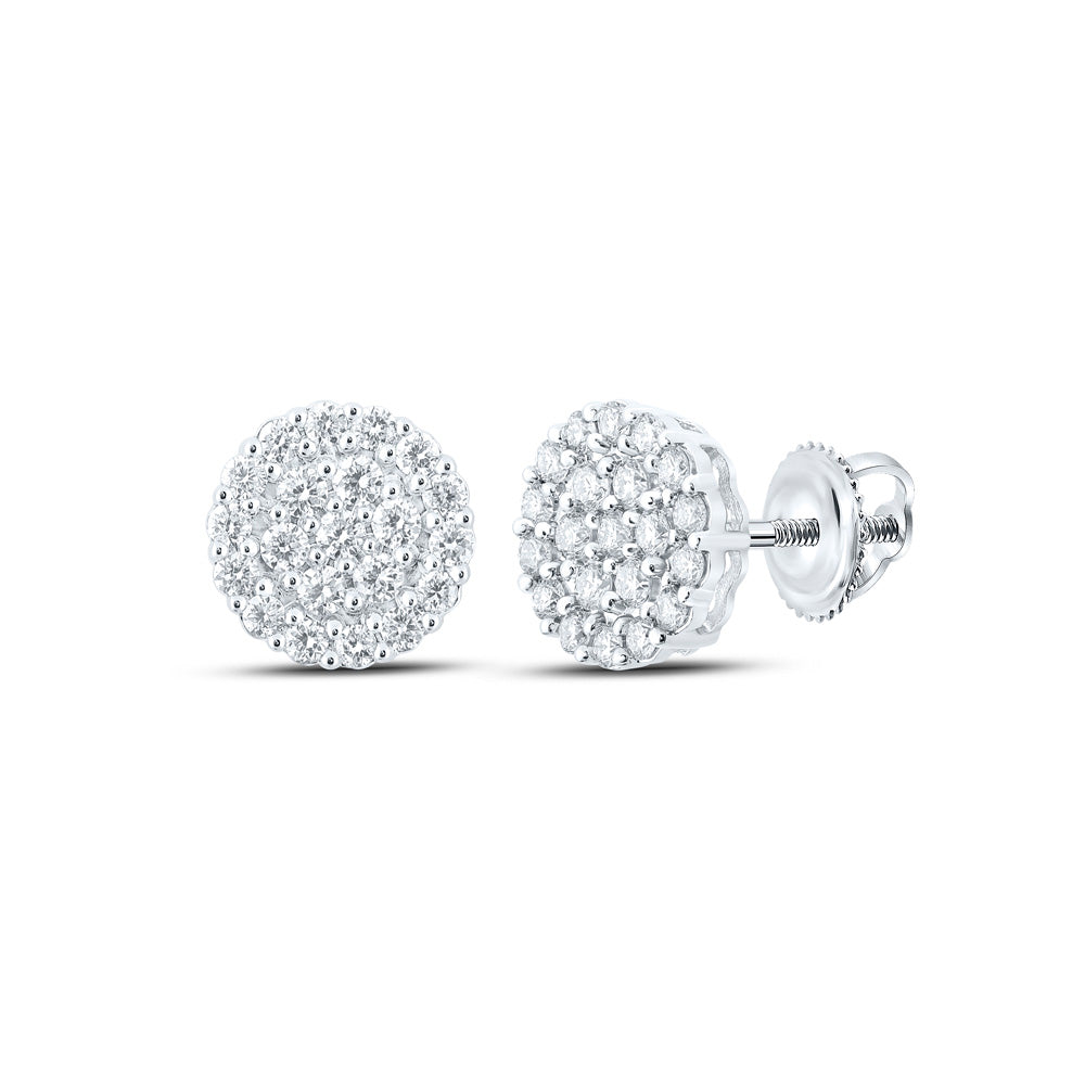 10kt White Gold Mens Round Diamond Cluster Earrings 1-1/4 Cttw