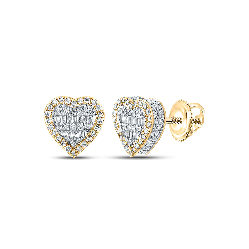 10kt Yellow Gold Mens Baguette Diamond Heart Earrings 1/2 Cttw
