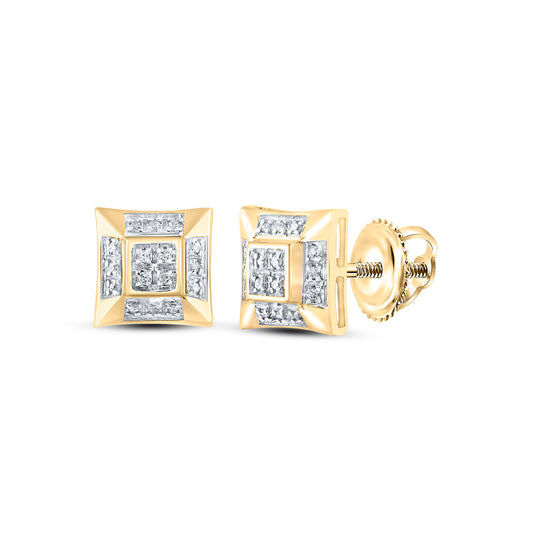 10kt Yellow Gold Mens Round Diamond Square Earrings 1/10 Cttw