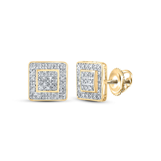 10kt Yellow Gold Mens Round Diamond Square Earrings 1/6 Cttw