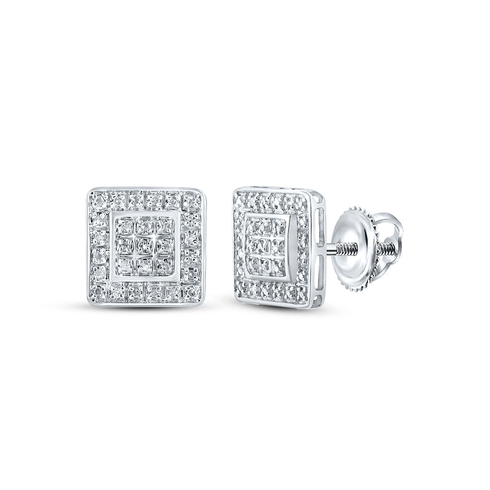 10kt White Gold Mens Round Diamond Square Earrings 1/6 Cttw