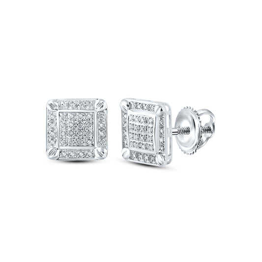 10kt White Gold Mens Round Diamond Square Earrings 1/5 Cttw