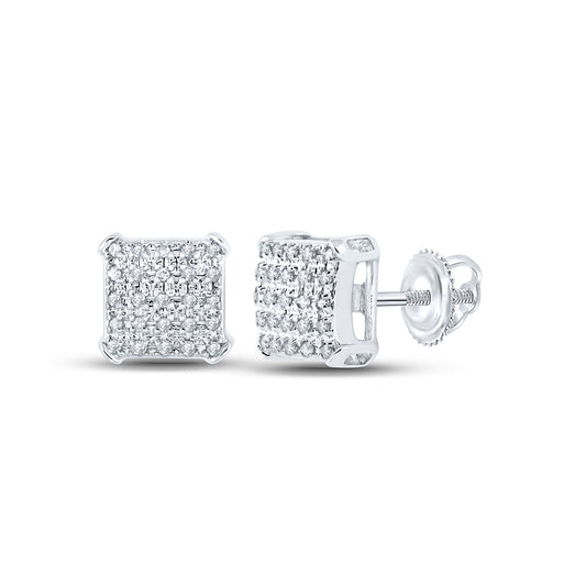 10kt White Gold Mens Round Diamond Square Earrings 1/8 Cttw