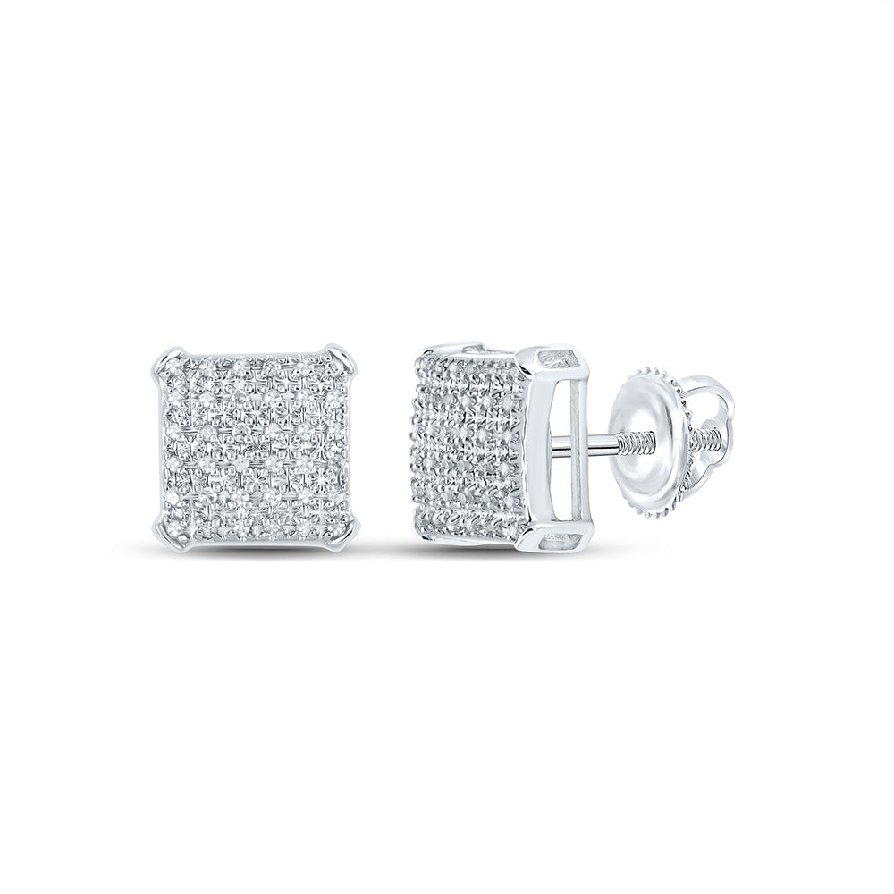 10kt White Gold Mens Round Diamond Square Earrings 1/5 Cttw