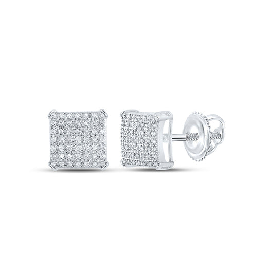 10kt White Gold Mens Round Diamond Square Earrings 1/3 Cttw